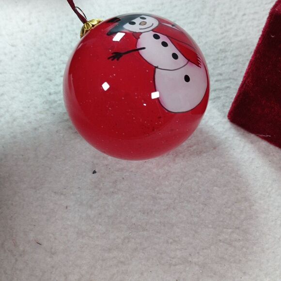 Hand Painted Glass Christmas Ornament Red Snowman in Original Velvet Gift Box - Picture 4 of 10